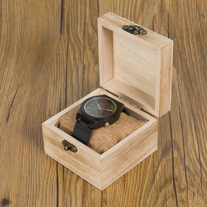 Black Leather Wooden Watch V1