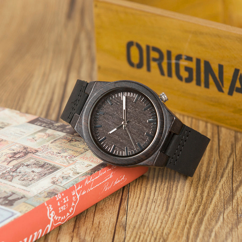 Black Leather Wooden Watch V1