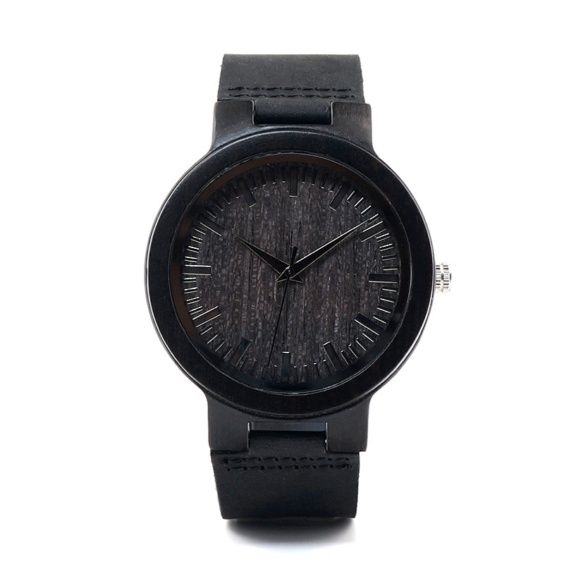 Black Leather Wooden Watch V2