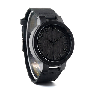 Black Leather Wooden Watch V2