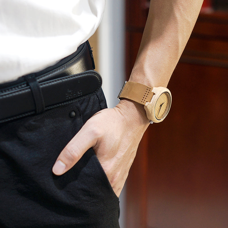 Khaki Leather Wooden Watch