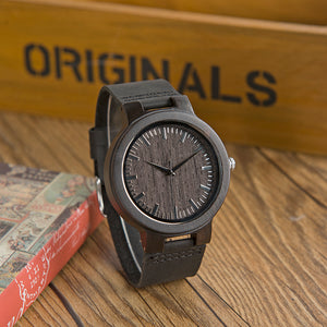 Black Leather Wooden Watch V2