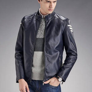 Triple Stripe Leather Jacket (Black & Blue)