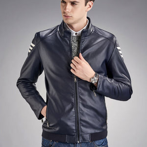 Triple Stripe Leather Jacket (Black & Blue)