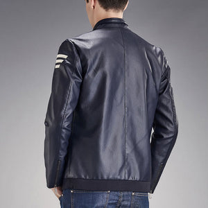 Triple Stripe Leather Jacket (Black & Blue)