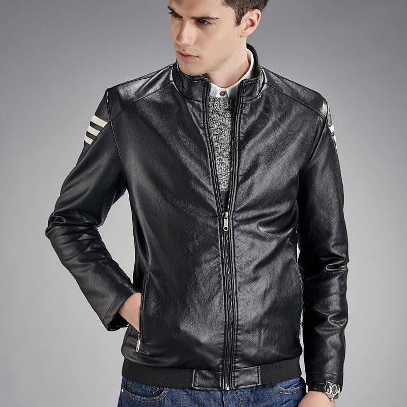 Triple Stripe Leather Jacket (Black & Blue)