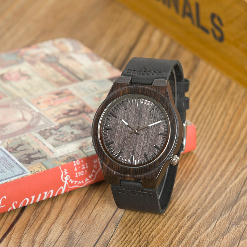 Black Leather Wooden Watch V1